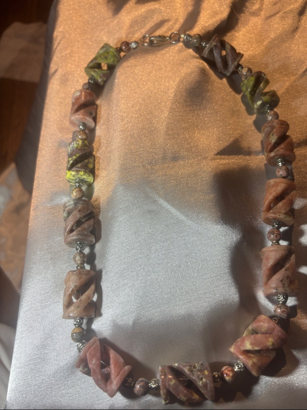 Unikite/Fancy Jasper Stone Twist Necklace - Pink & Green